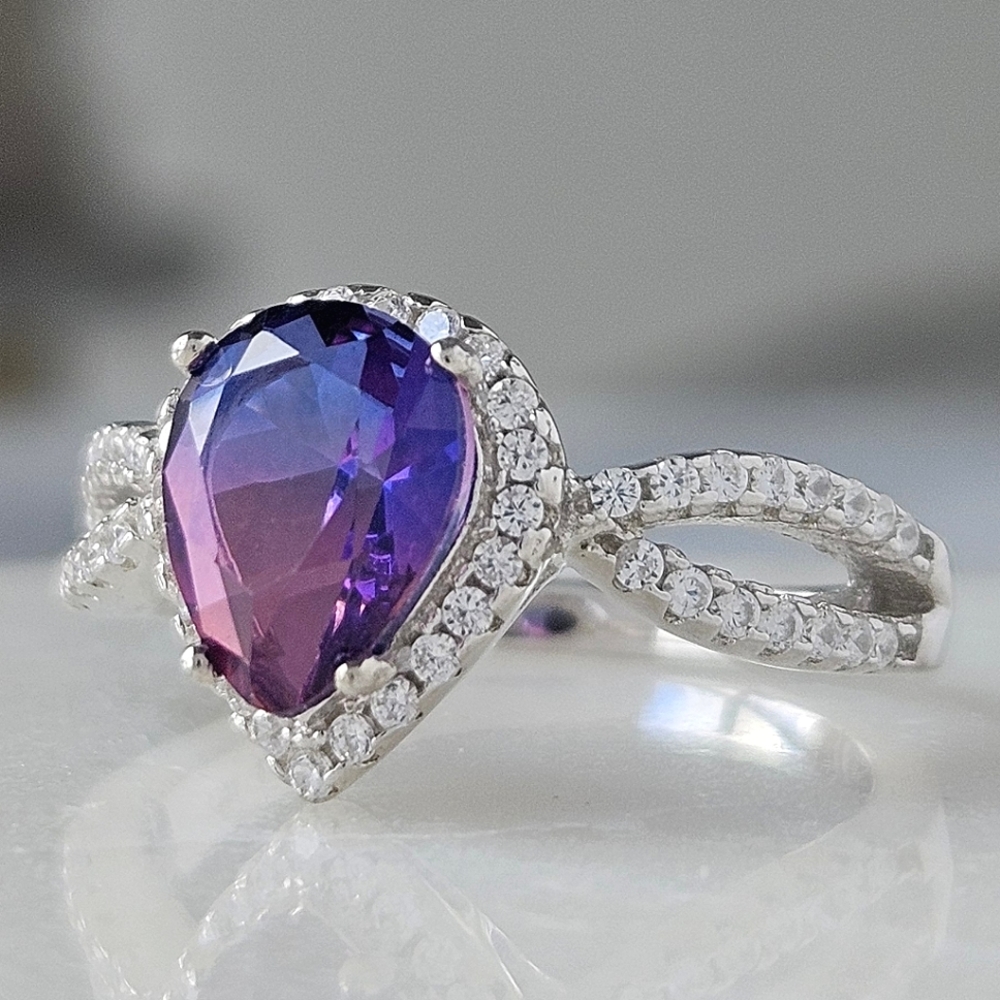 Pink & Purple Pear Cut Gemstone Ring, 925 Sterling Silver Charmed Aro…
